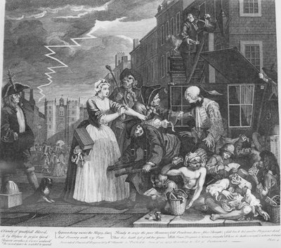 Il progresso di un libertino, Tavola 4, Arrestato per debiti da William Hogarth